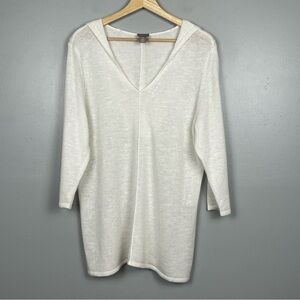 Chico’s white ramie rayon blend open knit hooded pullover sweater, 2 = large.